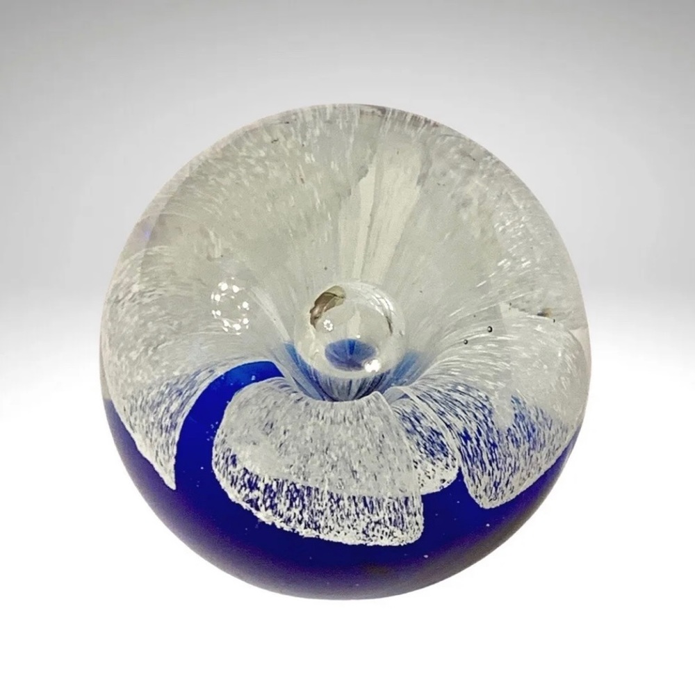 White Lace Flower Cobalt Blue Paperweight Dome Hand Blown Art Glass 3”